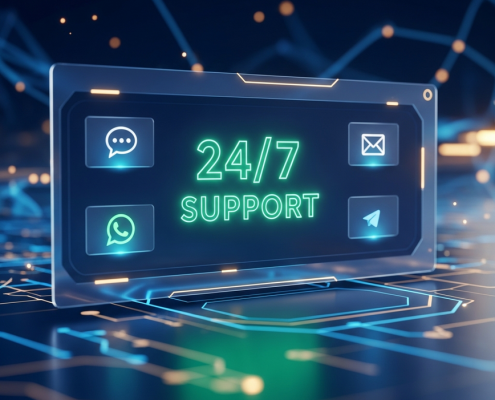 Sleek digital interface of an online casino customer support dashboard with glowing '24/7 SUPPORT' text and icons for live chat, phone, email, WhatsApp, and Telegram, set against a secure network background, symbolizing immediate and reliable assistance for Malaysian players.