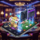 Dynamic digital interface of an all-in-one Malaysian online gambling platform, seamlessly integrating vibrant slot machine reels, an elegant live casino baccarat table, and a sports betting odds display, symbolizing convenience and instant fund transfers on a mobile device.