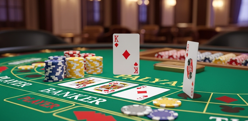 Sleek ALLBET Live Baccarat table interface showing playing cards, virtual chips on betting areas, with subtle indications of 'Demo Play' and a 'First Deposit Bonus' on a premium online casino platform.