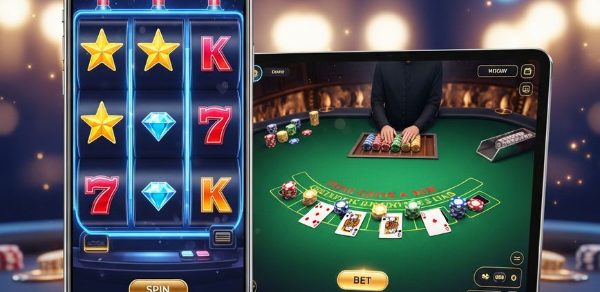 Side-by-side view of a sleek smartphone (Android) and a modern tablet (iOS) displaying vibrant online casino game interfaces, symbolizing the comparison of mobile gaming platforms in Malaysia.
