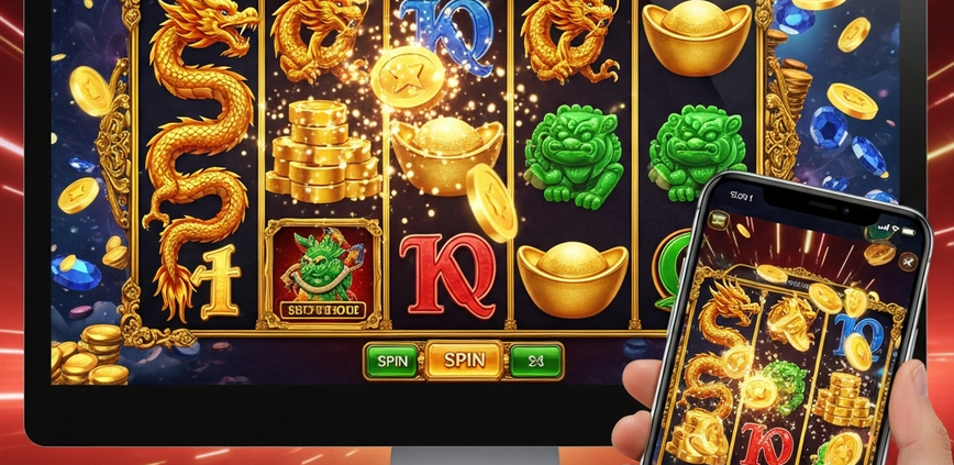 Dynamic online slot machine interface showcasing vibrant Asian cultural symbols like dragons and golden ingots, with a mobile phone overlay demonstrating seamless mobile gaming, representing the preference of Malaysian players for Asian slot providers.