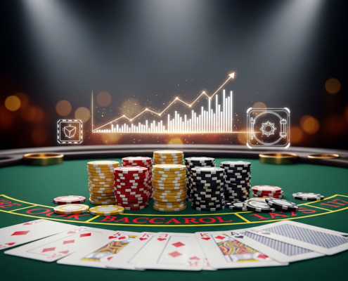Luxurious Baccarat table with neatly stacked casino chips and fanned cards, subtly integrated with abstract digital elements representing bankroll security and growth, for an article on managing Baccarat funds.