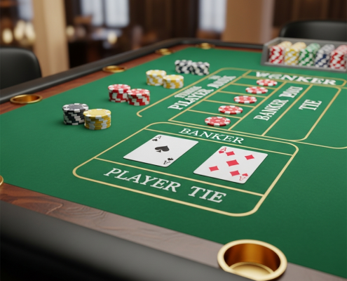 Elegant online baccarat table interface with playing cards dealt for Player and Banker hands, virtual casino chips on the betting areas, set in a premium digital casino environment, illustrating a beginner's guide to baccarat.