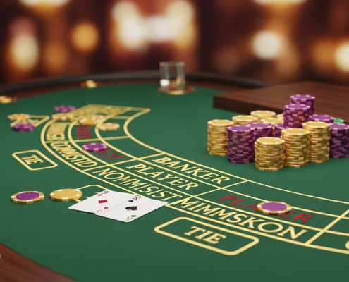 Luxurious online live baccarat table with two distinct virtual chip stacks on the Banker bet area, symbolizing the choice between commission and no-commission variants, set against a sophisticated casino backdrop.