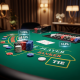 Luxurious Baccarat table on emerald green felt with neatly stacked casino chips and playing cards, subtly displaying house edge percentages for Banker, Player, and Tie bets in a premium online casino setting.