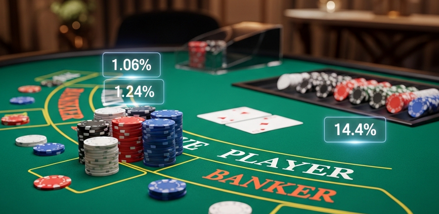 Luxurious Baccarat table on emerald green felt with neatly stacked casino chips and playing cards, subtly displaying house edge percentages for Banker, Player, and Tie bets in a premium online casino setting.