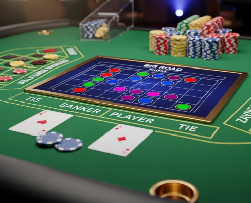 Vibrant digital baccarat pattern display (scorecard) on a luxurious green felt table with casino chips and playing cards in a premium online live casino setting, illustrating the article's theme of baccarat patterns.