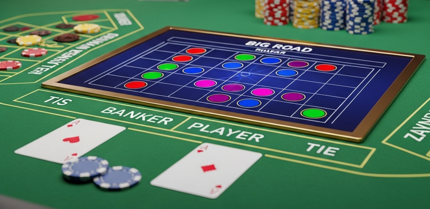 Vibrant digital baccarat pattern display (scorecard) on a luxurious green felt table with casino chips and playing cards in a premium online live casino setting, illustrating the article's theme of baccarat patterns.