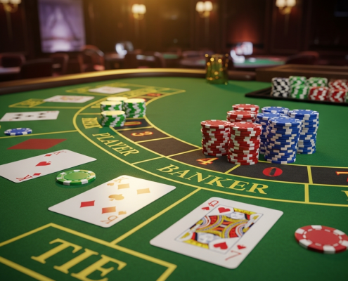 Premium online baccarat table interface with cards and virtual chips, emphasizing strategic betting on Player or Banker to avoid common mistakes.