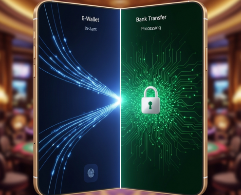 Dynamic split-screen digital interface comparing instant e-wallet deposits with secure bank transfer processing on a premium Malaysian online casino platform, highlighting speed and security.