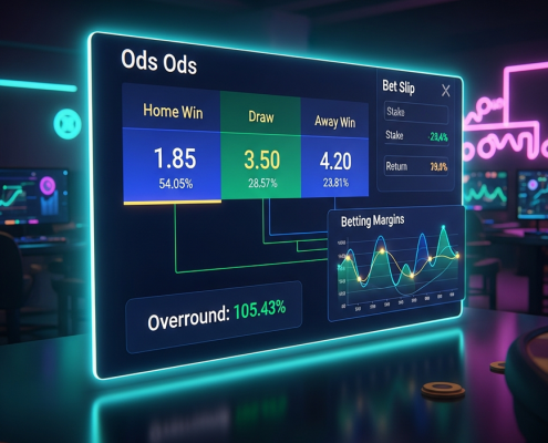 Sleek online sports betting interface showing dynamic odds, implied probabilities, and overround calculation for a football match, set against a sophisticated digital background, representing strategic betting.