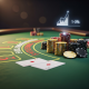 Luxurious online blackjack table with a neat stack of casino chips and playing cards, featuring a subtle digital financial graph overlay, symbolizing strategic bankroll management and responsible gaming.