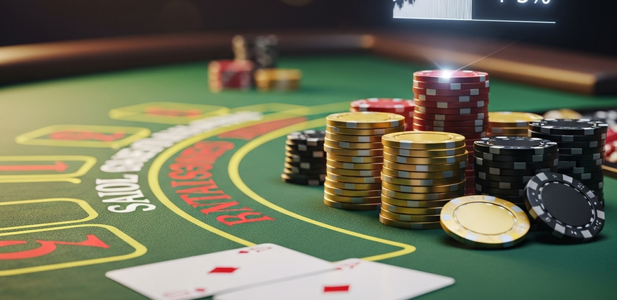 Luxurious online blackjack table with a neat stack of casino chips and playing cards, featuring a subtle digital financial graph overlay, symbolizing strategic bankroll management and responsible gaming.