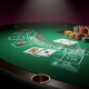Digital rendering of a premium online blackjack table interface, showcasing cards, virtual chips, and a subtle graphical representation of blackjack odds and house edge calculations.