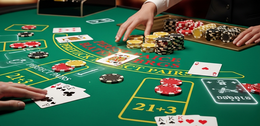 Premium online blackjack table with clearly marked side bet areas, cards, and casino chips, illustrating the excitement of blackjack side bets.
