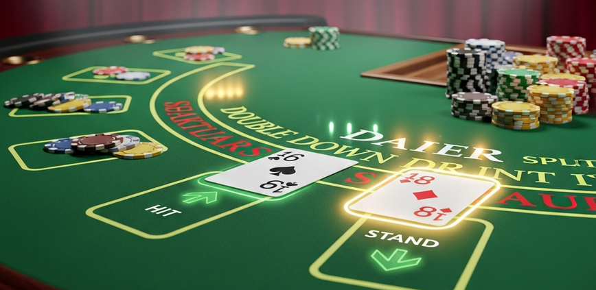 A premium online blackjack table with playing cards laid out, casino chips stacked, and subtle strategic decision cues, representing optimal basic strategy.