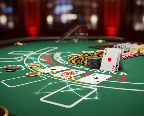 Premium online live blackjack table with cards showing a strong player hand and neatly stacked casino chips, overlaid with an abstract visual representing strategic clarity, debunking common myths.