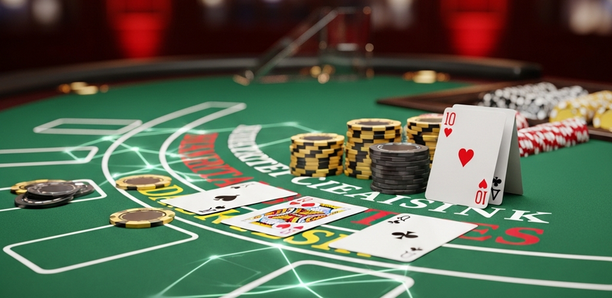 Premium online live blackjack table with cards showing a strong player hand and neatly stacked casino chips, overlaid with an abstract visual representing strategic clarity, debunking common myths.