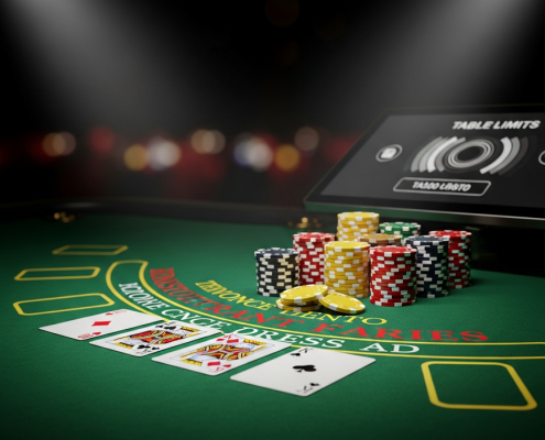 Vibrant online blackjack table interface with virtual cards, chips, and a digital display indicating table limits, set in a luxurious online casino environment.