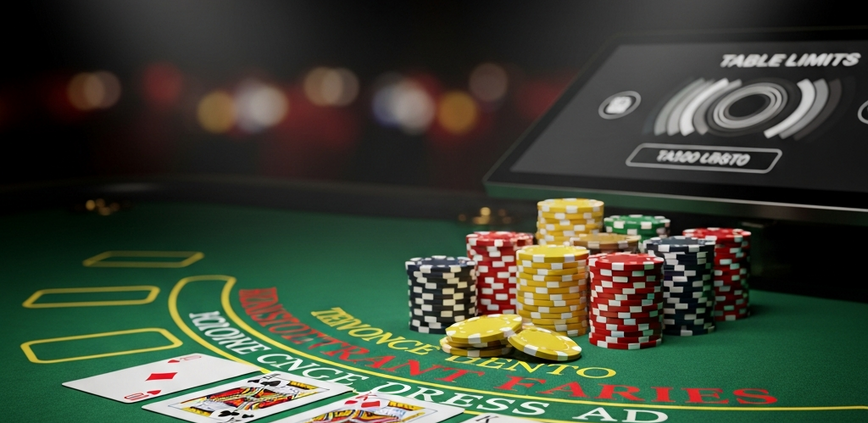 Vibrant online blackjack table interface with virtual cards, chips, and a digital display indicating table limits, set in a luxurious online casino environment.