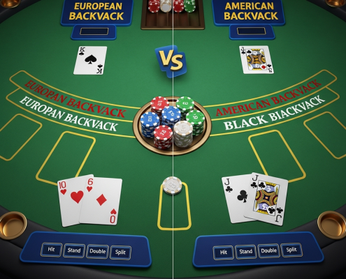 A split-screen online blackjack interface illustrating European and American blackjack rules with virtual cards and chips, set on a luxurious digital table.
