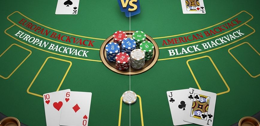 A split-screen online blackjack interface illustrating European and American blackjack rules with virtual cards and chips, set on a luxurious digital table.