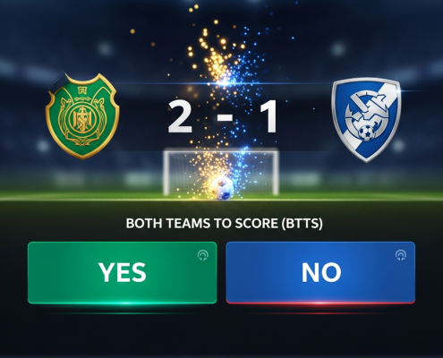 Vibrant digital interface of an online sports betting platform showcasing 'Both Teams to Score' options for a football match, with dynamic score graphics and a virtual stadium background.