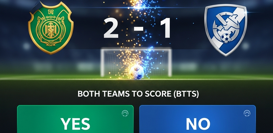 Vibrant digital interface of an online sports betting platform showcasing 'Both Teams to Score' options for a football match, with dynamic score graphics and a virtual stadium background.