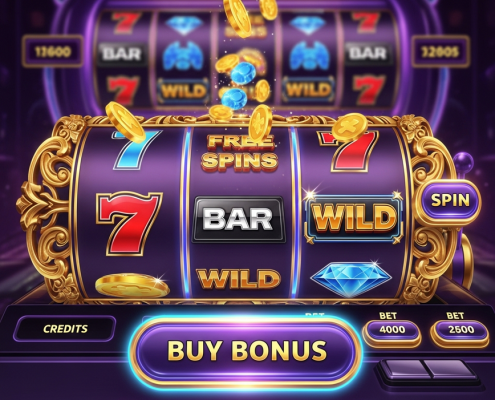 Vibrant online slot machine interface featuring a prominent, glowing 'Buy Bonus' button, with animated bonus round effects in the background, representing the decision to purchase direct access to game features.