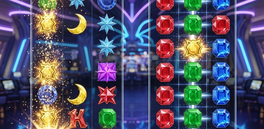 Dynamic online slot game interface demonstrating both cascading reels with exploding symbols and new symbols falling, alongside a highlighted cluster pays formation of glowing matching symbols on a vibrant grid, set in a modern online casino.