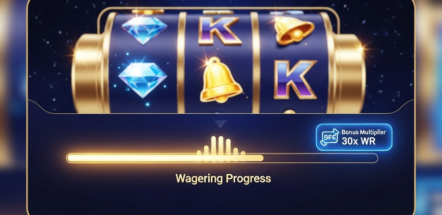 Vibrant online casino interface showing a partially filled wagering progress bar and a bonus multiplier icon, illustrating the concept of meeting bonus play-through requirements.