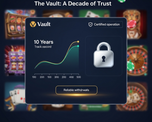 Premium online casino interface with a digital padlock and timeline graph, symbolizing a 10-year track record of trust and secure operations.