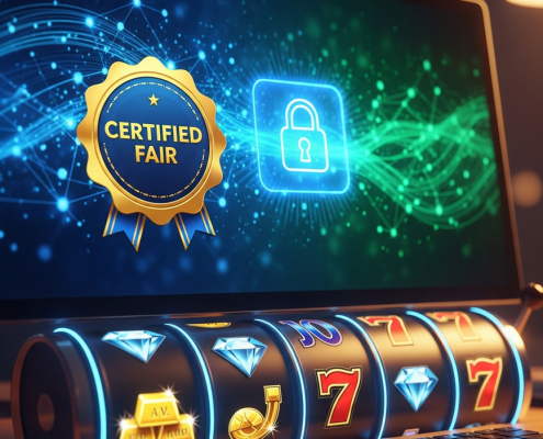 Sleek online casino interface displaying a 'Certified Fair' seal and digital padlock, with abstract data streams representing RNG, symbolizing trust and security in gaming.