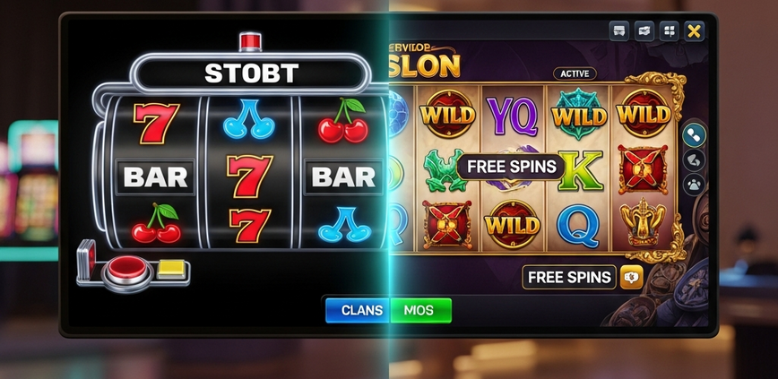 A visual comparison of a classic 3-reel fruit slot on the left and a modern 5-reel video slot on the right, highlighting their contrasting designs and features on an online casino platform.