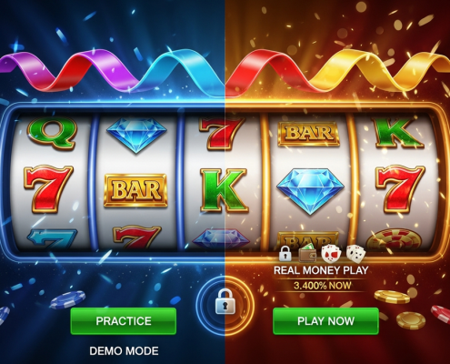 A split-screen visual depicting a vibrant online slot machine interface in 'Demo Mode' with virtual credits on one side, and the same slot interface in 'Real Money Play' with secure payment icons on the other, symbolizing practice before real stakes.