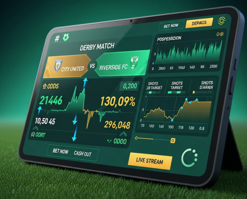 A dynamic online sports betting interface displaying a football derby match fixture with fluctuating odds and statistical graphs, set against a blurred, dramatically lit stadium background, symbolizing high-stakes football betting.
