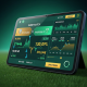 A dynamic online sports betting interface displaying a football derby match fixture with fluctuating odds and statistical graphs, set against a blurred, dramatically lit stadium background, symbolizing high-stakes football betting.