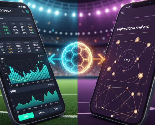 Dynamic visual illustrating the choice between DIY and professional World Cup football betting, showing a split screen with a data-rich mobile betting interface on one side and an abstract expert analysis dashboard on the other, set against a blurred football stadium background.