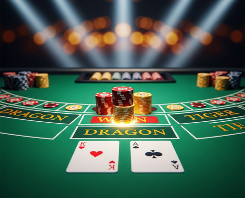 Dynamic overhead view of a Dragon Tiger live casino table with cards dealt to Dragon and Tiger spots, highlighting the betting interface and speed of play.