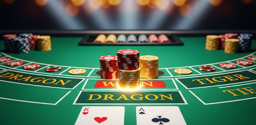 Dynamic overhead view of a Dragon Tiger live casino table with cards dealt to Dragon and Tiger spots, highlighting the betting interface and speed of play.