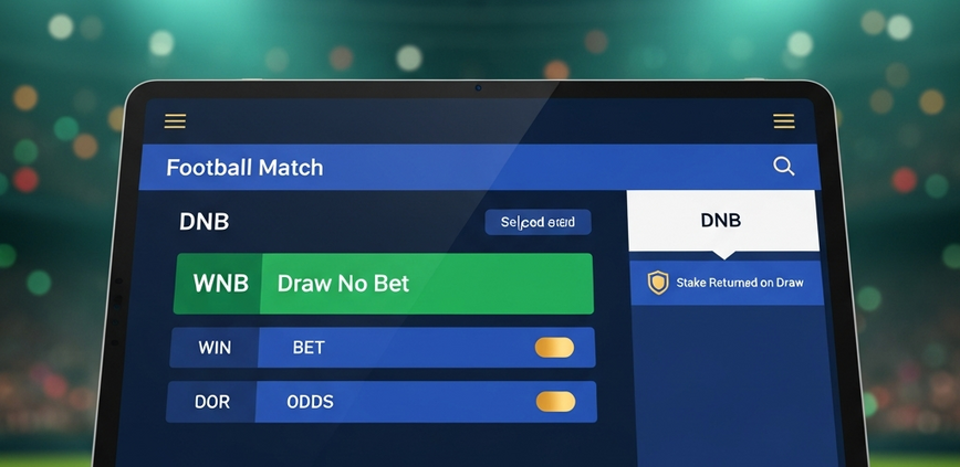 Modern online sports betting interface on a tablet, highlighting a 'Draw No Bet' market with a 'Stake Returned on Draw' feature, set against a blurred football stadium background, symbolizing safe betting.