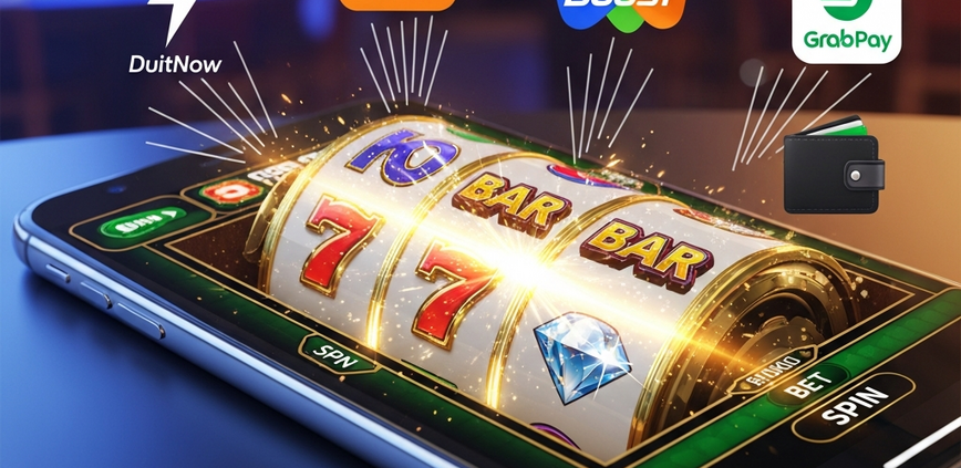 Smartphone displaying a vibrant online slot machine game with generic e-wallet icons floating around, symbolizing fast and secure transactions at a Malaysian online casino.