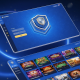 Sleek, secure online casino platform interface with a digital shield icon, representing the battle-tested security and trustworthiness of an established operator with over 10 years of experience.