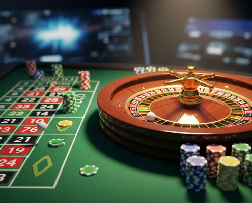 Hyper-realistic 3D render of a luxurious European roulette wheel with the ball about to land in the single-zero pocket, and a portion of the betting table with chips, symbolizing strategic online casino gaming.