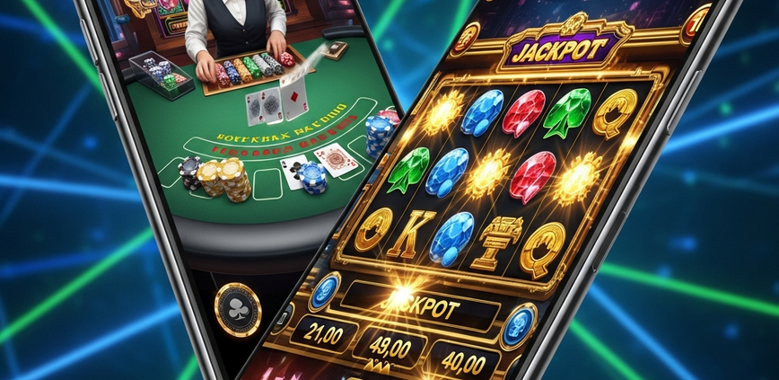 Sleek smartphone displaying a vibrant, fast-paced online casino game interface, with abstract glowing lines representing low latency network connectivity for a premium mobile gaming experience in Malaysia.