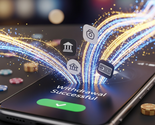Sleek mobile online casino interface showing a 'Withdrawal Successful' notification with glowing digital streams flowing towards generic bank and e-wallet icons, symbolizing fast and secure payouts.