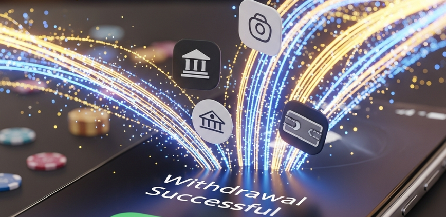 Sleek mobile online casino interface showing a 'Withdrawal Successful' notification with glowing digital streams flowing towards generic bank and e-wallet icons, symbolizing fast and secure payouts.
