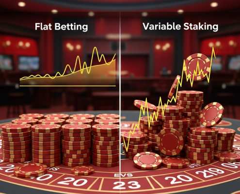 Visual comparison on a sports betting interface showing a stable stack of chips for flat betting and a dynamic, fluctuating stack for variable staking, representing different strategies.