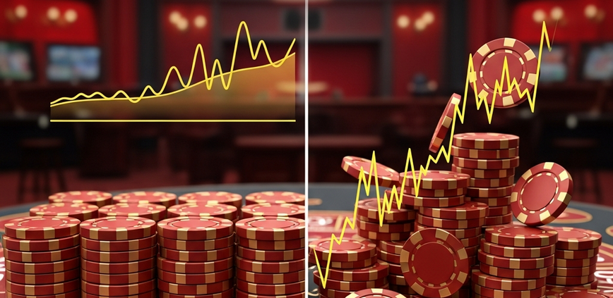 Visual comparison on a sports betting interface showing a stable stack of chips for flat betting and a dynamic, fluctuating stack for variable staking, representing different strategies.
