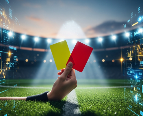 Dynamic image showing a referee's hand holding yellow and red cards over a football pitch, with abstract digital betting interfaces and data overlays, representing strategic card betting.